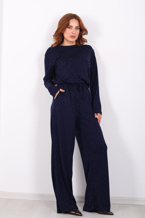 Bisiklet Yaka Taşlı Lacivert Kadın Modal Takım - 7