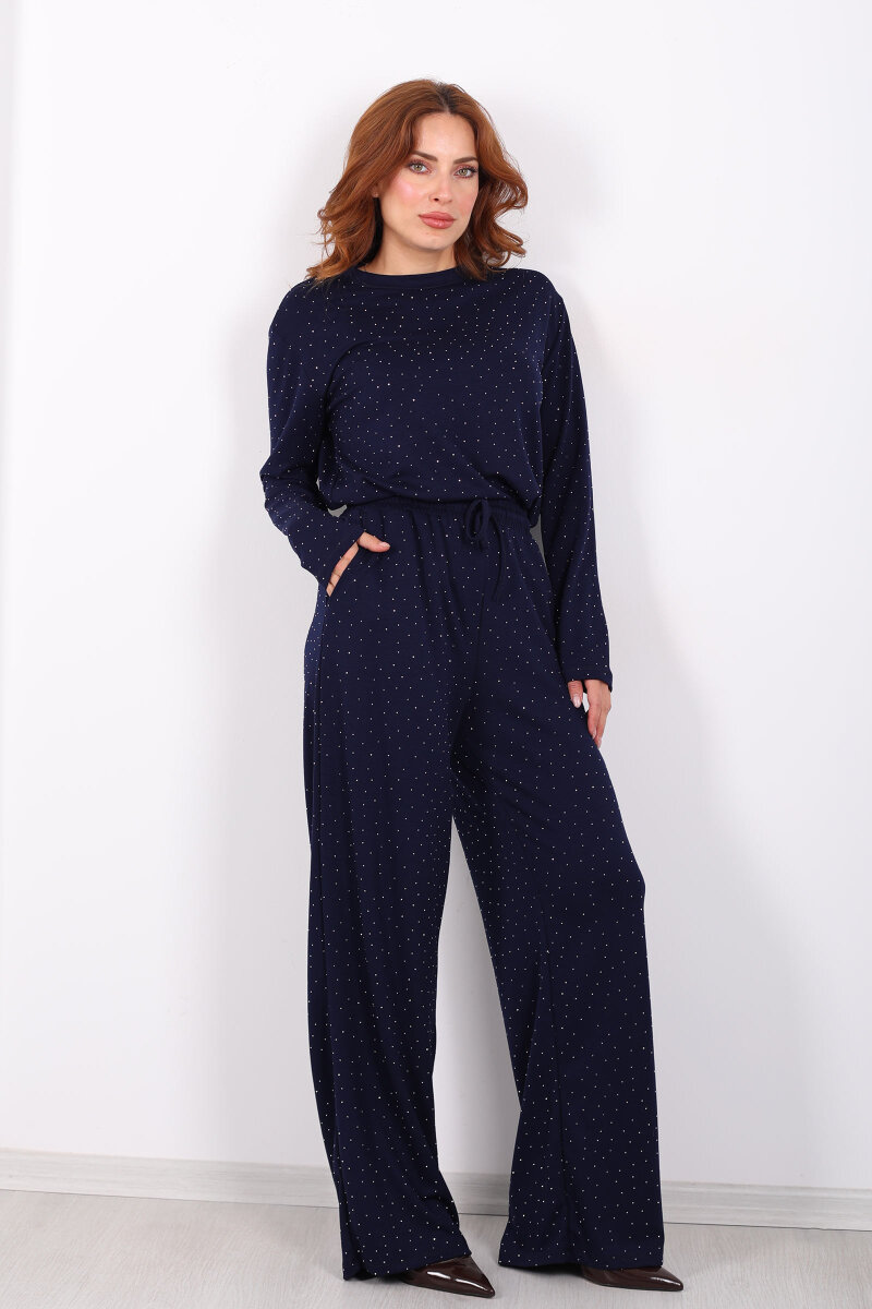 Bisiklet Yaka Taşlı Lacivert Kadın Modal Takım - 7