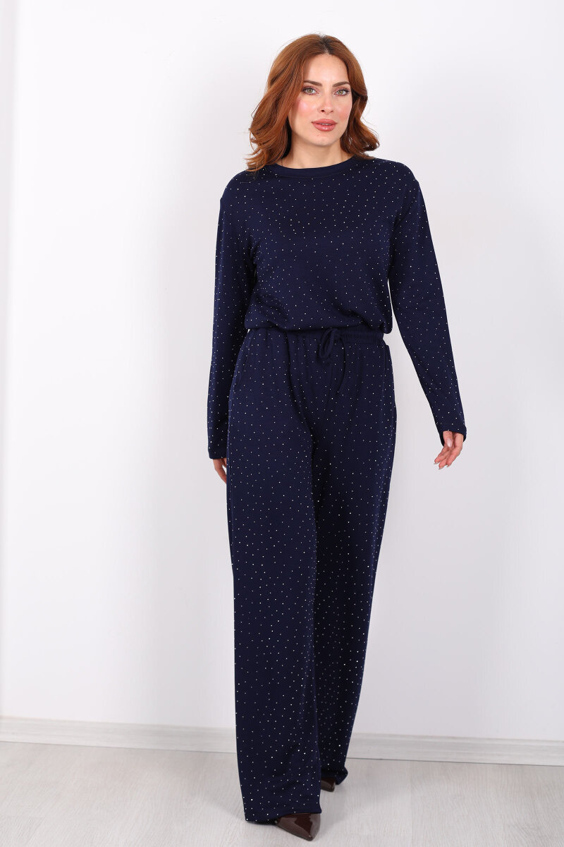 Bisiklet Yaka Taşlı Lacivert Kadın Modal Takım - 3