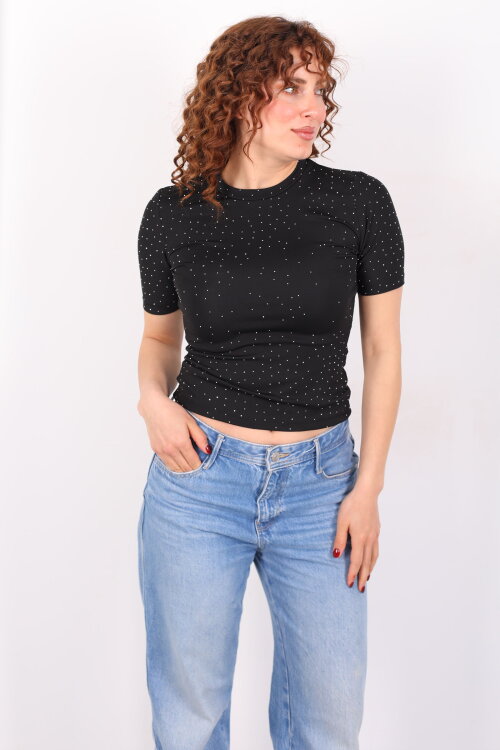 Bisiklet Yaka Taşlı Siyah Kadın Basic Body - Berox