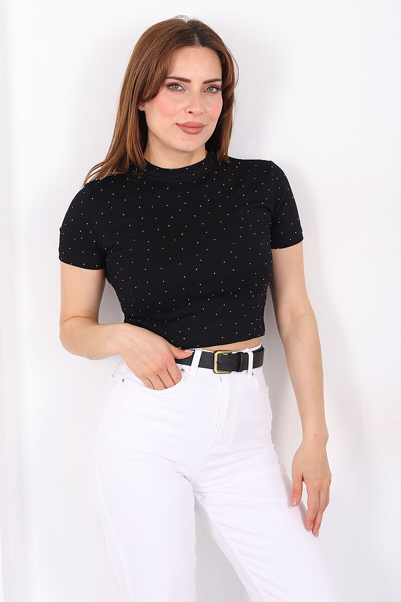 Bisiklet Yaka Taşlı Siyah Kadın Crop - 1