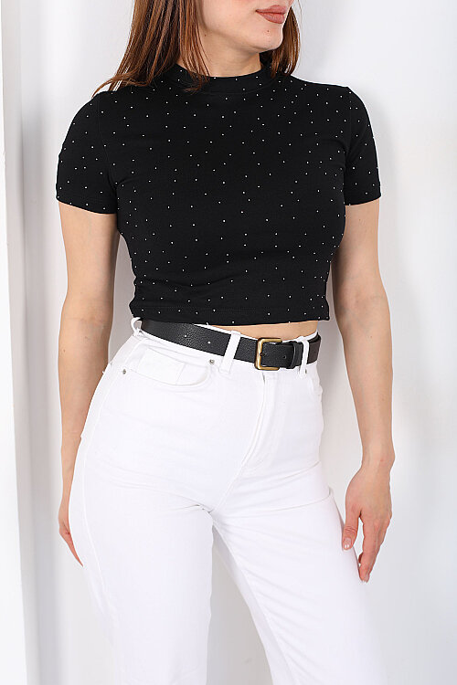 Bisiklet Yaka Taşlı Siyah Kadın Crop - 2