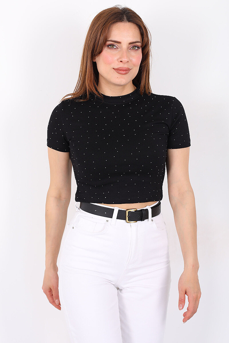 Bisiklet Yaka Taşlı Siyah Kadın Crop - 5