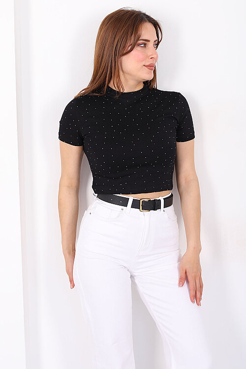 Bisiklet Yaka Taşlı Siyah Kadın Crop - 3