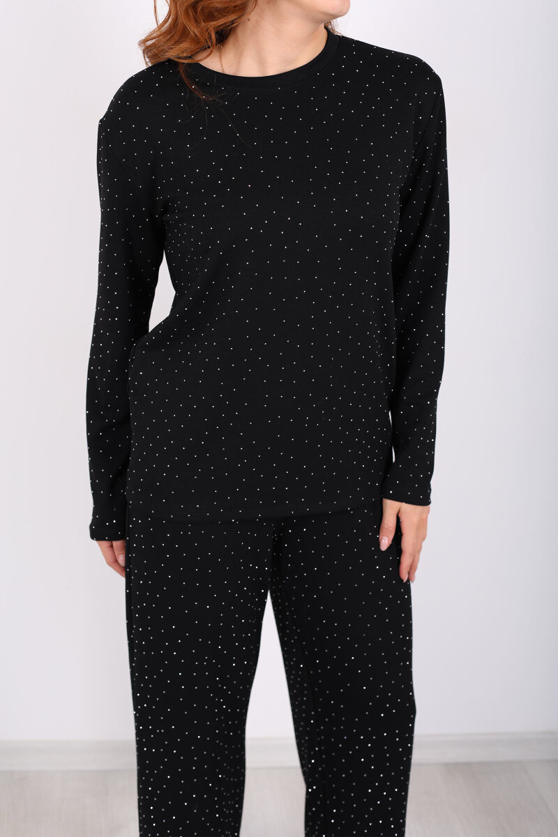 Bisiklet Yaka Taşlı Siyah Kadın Modal Takım - 2