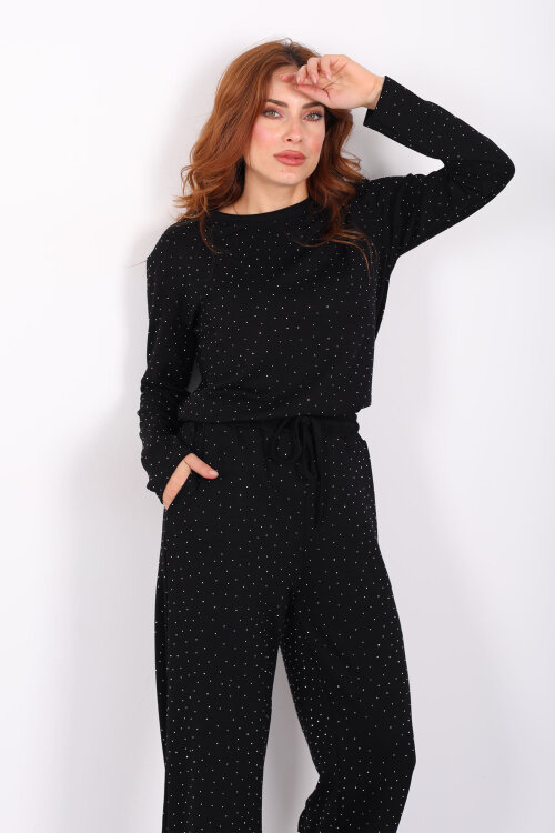 Bisiklet Yaka Taşlı Siyah Kadın Modal Takım - 4