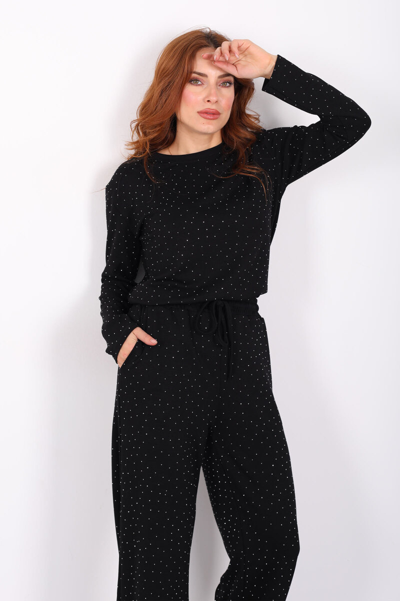 Bisiklet Yaka Taşlı Siyah Kadın Modal Takım - 4