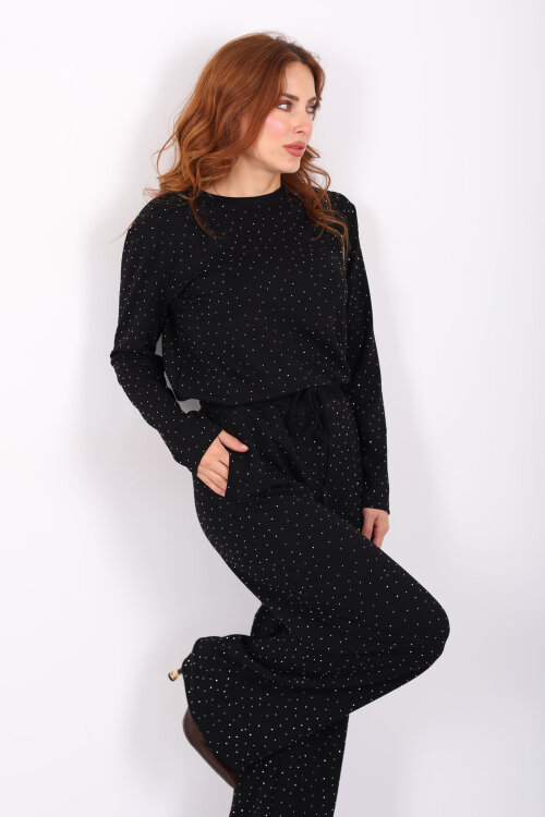 Bisiklet Yaka Taşlı Siyah Kadın Modal Takım - Berox