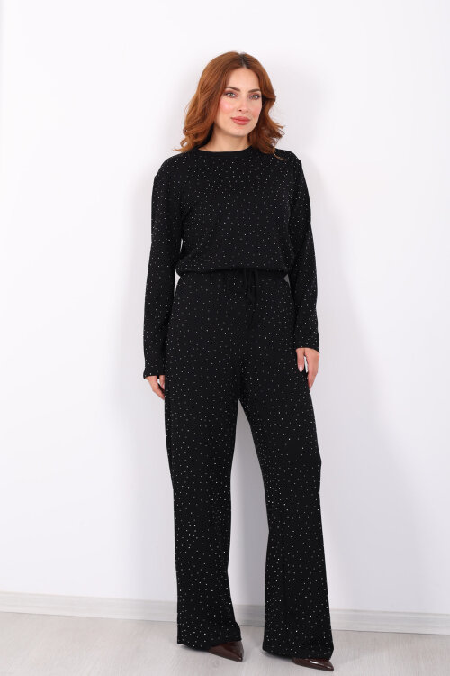 Bisiklet Yaka Taşlı Siyah Kadın Modal Takım - 3