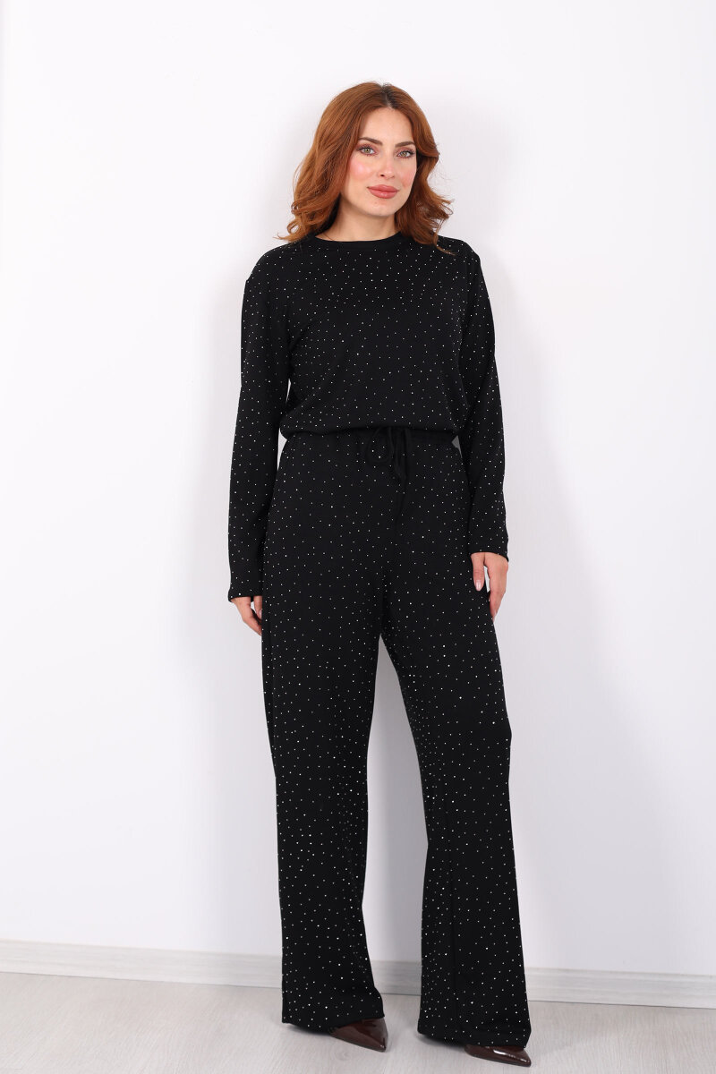 Bisiklet Yaka Taşlı Siyah Kadın Modal Takım - 3