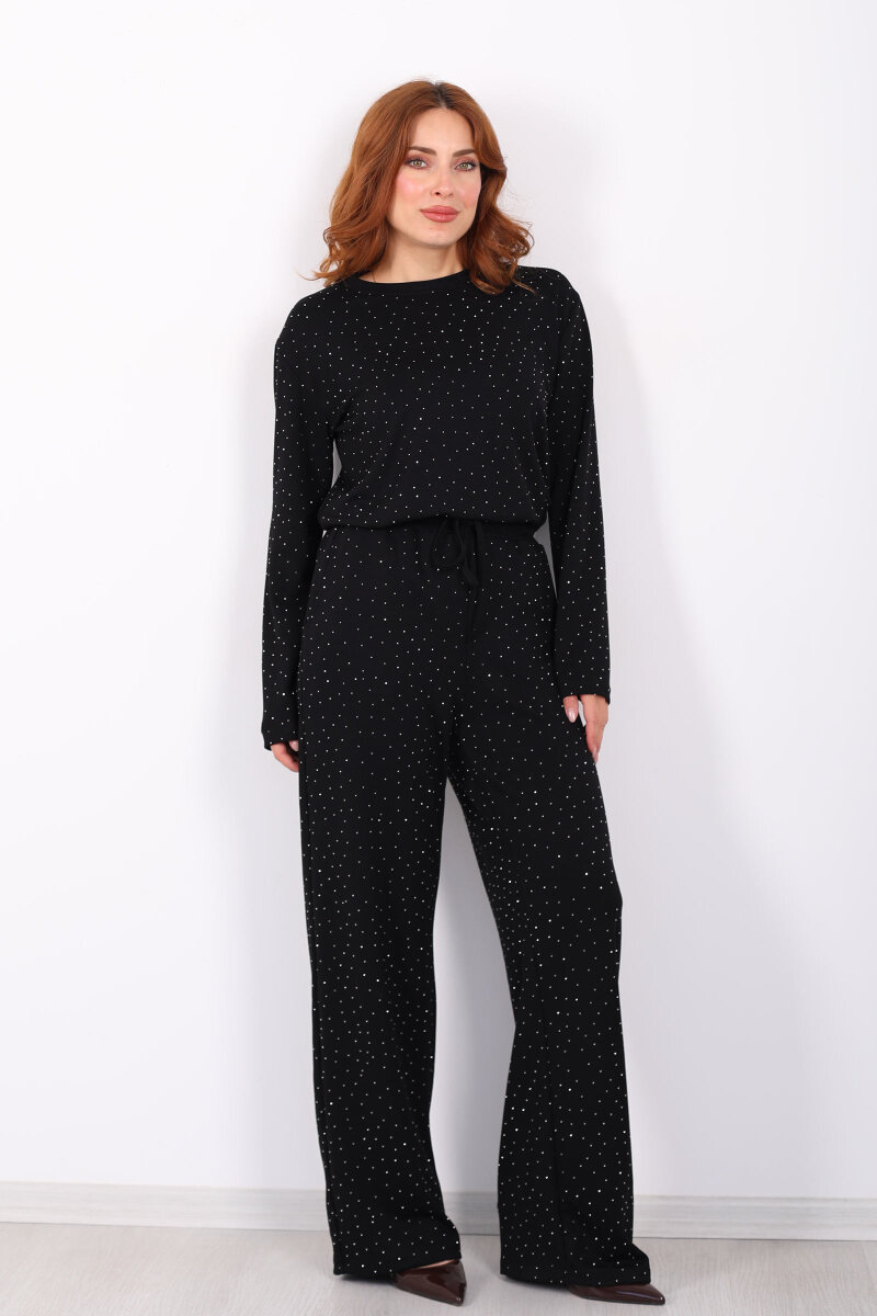 Bisiklet Yaka Taşlı Siyah Kadın Modal Takım - 7