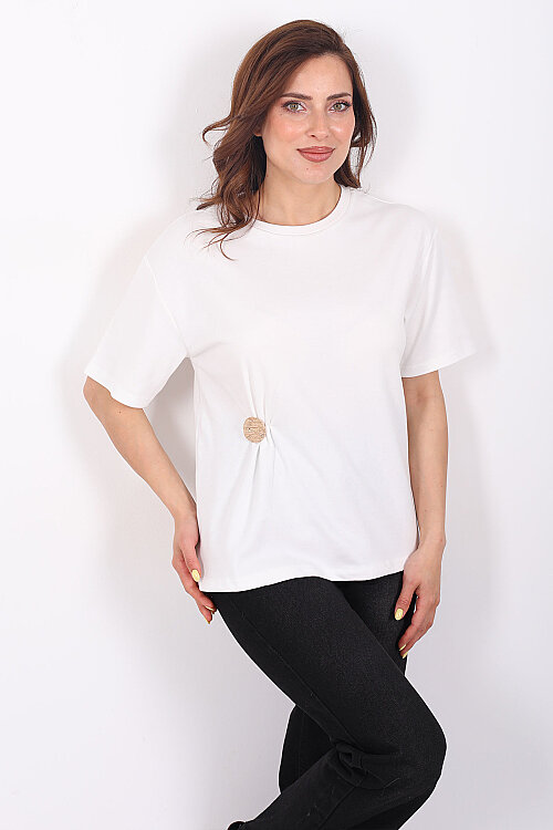 Bisiklet Yaka Tokalı Kısa Kol Beyaz Kadın T-Shirt - Berox