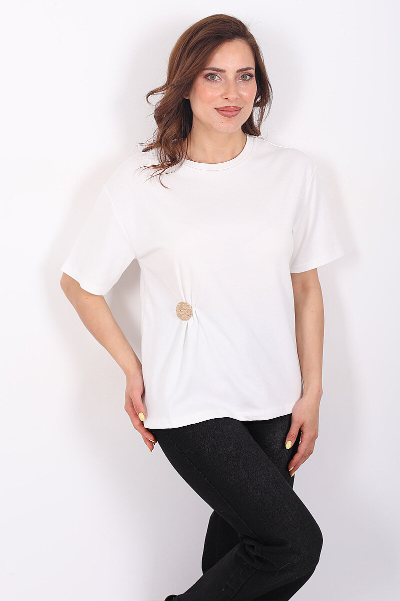 Bisiklet Yaka Tokalı Kısa Kol Beyaz Kadın T-Shirt - 1