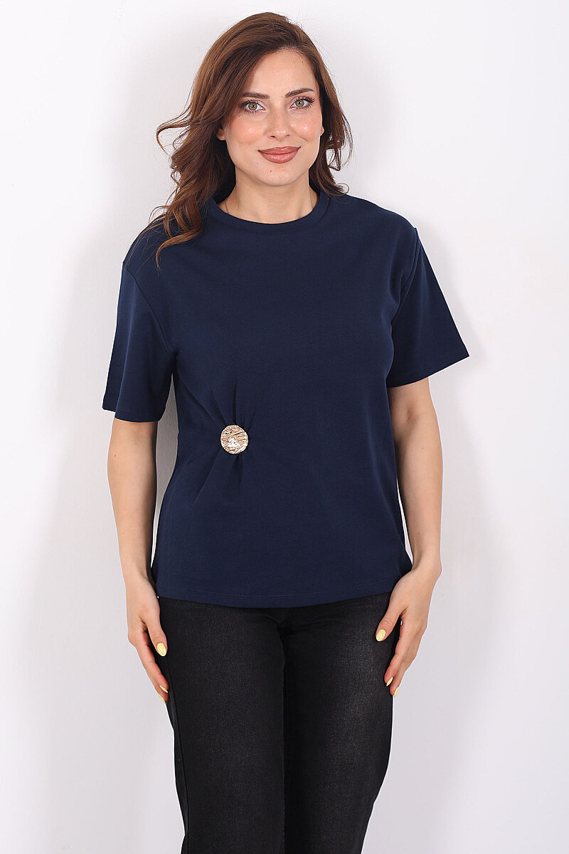 Bisiklet Yaka Tokalı Kısa Kol Lacivert Kadın T-Shirt - 3