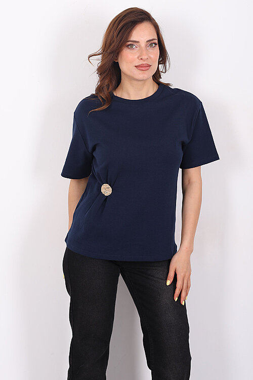 Bisiklet Yaka Tokalı Kısa Kol Lacivert Kadın T-Shirt - Berox