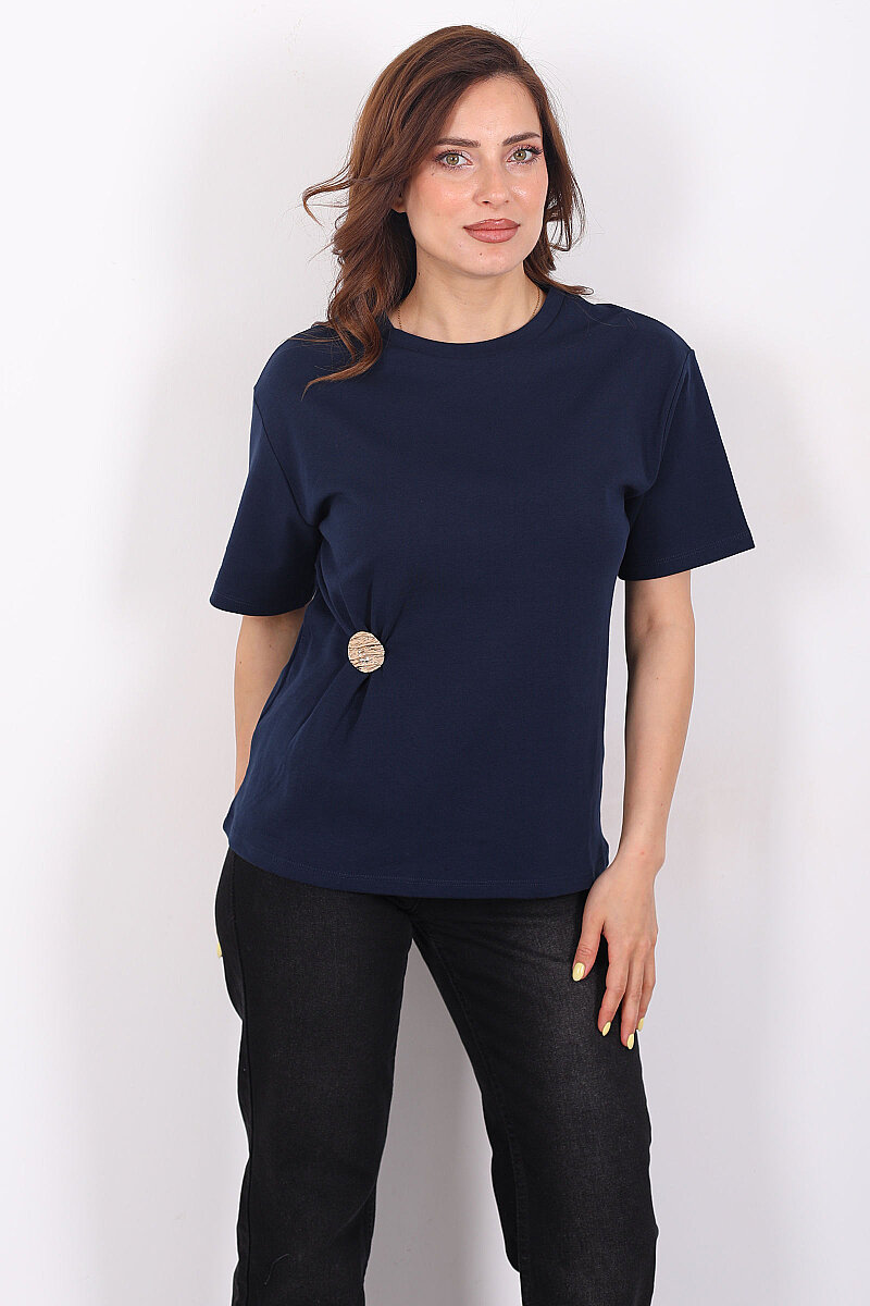 Bisiklet Yaka Tokalı Kısa Kol Lacivert Kadın T-Shirt - 1