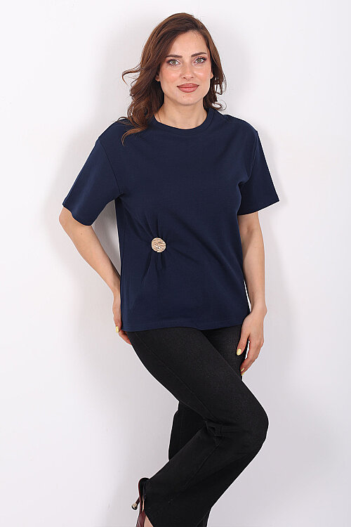 Bisiklet Yaka Tokalı Kısa Kol Lacivert Kadın T-Shirt - 5