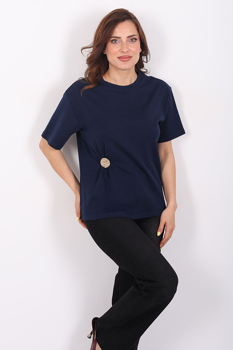 Bisiklet Yaka Tokalı Kısa Kol Lacivert Kadın T-Shirt - 5