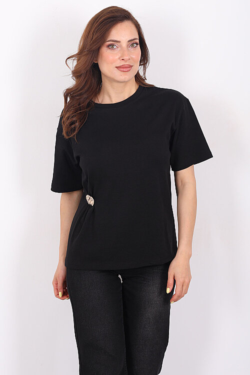 Bisiklet Yaka Tokalı Kısa Kol Siyah Kadın T-Shirt - 5
