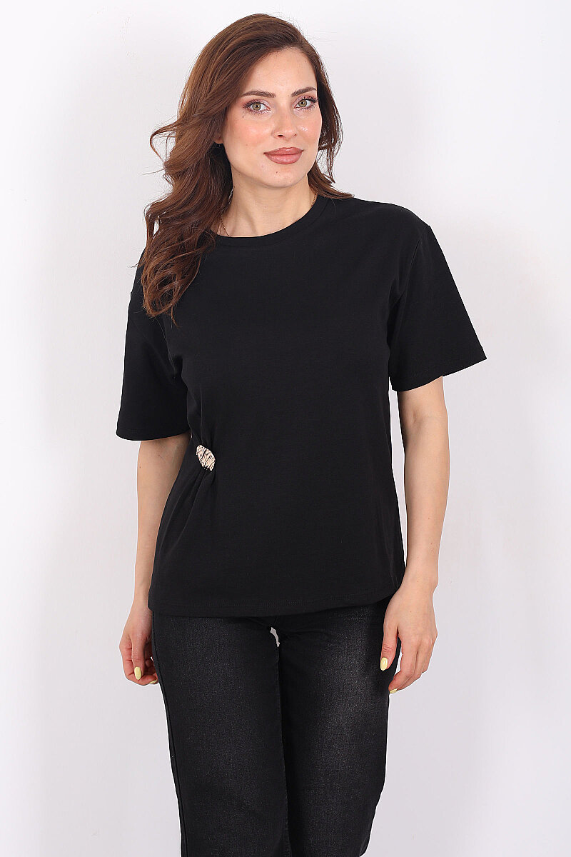Bisiklet Yaka Tokalı Kısa Kol Siyah Kadın T-Shirt - 5