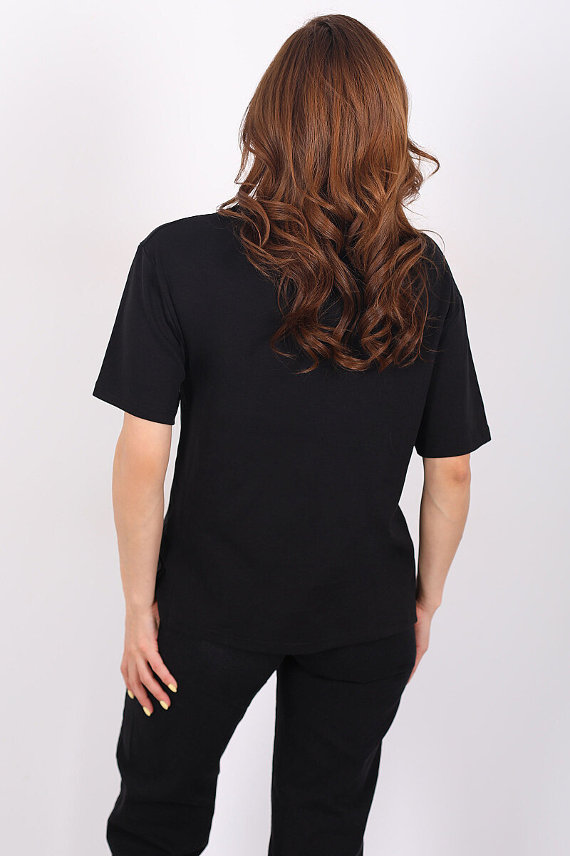 Bisiklet Yaka Tokalı Kısa Kol Siyah Kadın T-Shirt - 4