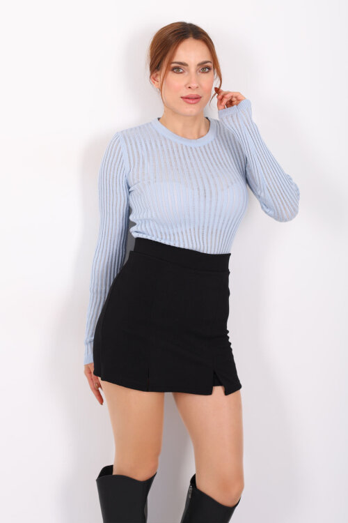 Bisiklet Yaka Transparan Kadın Bebe Mavi Triko Body - Berox