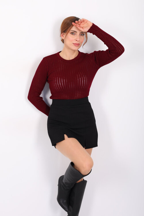 Bisiklet Yaka Transparan Kadın Bordo Triko Body - Berox