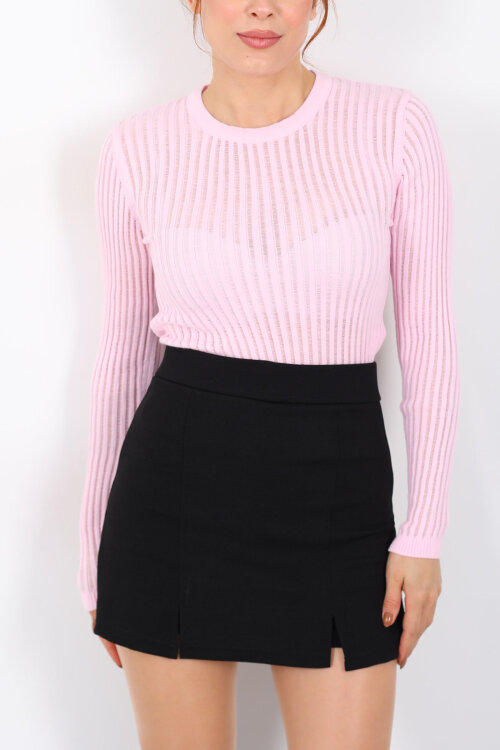 Bisiklet Yaka Transparan Kadın Pembe Triko Body - Berox (1)