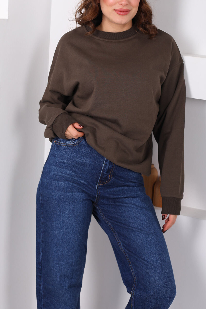 Bisiklet Yaka Üç İp Kadın Oversize Acı Kahve Sweat - 2