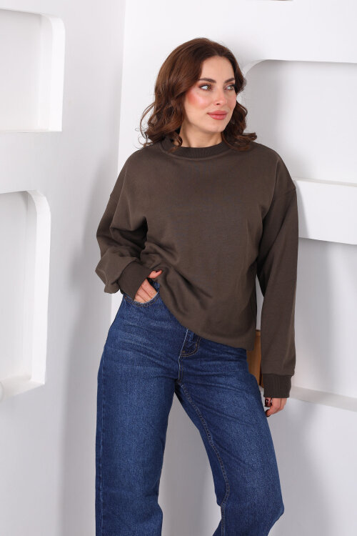 Bisiklet Yaka Üç İp Kadın Oversize Acı Kahve Sweat - 5