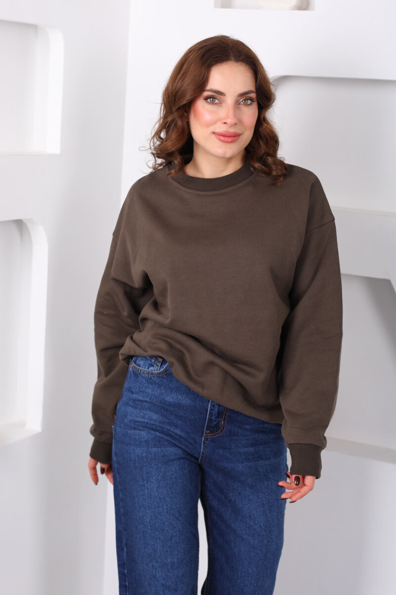 Bisiklet Yaka Üç İp Kadın Oversize Acı Kahve Sweat - 3