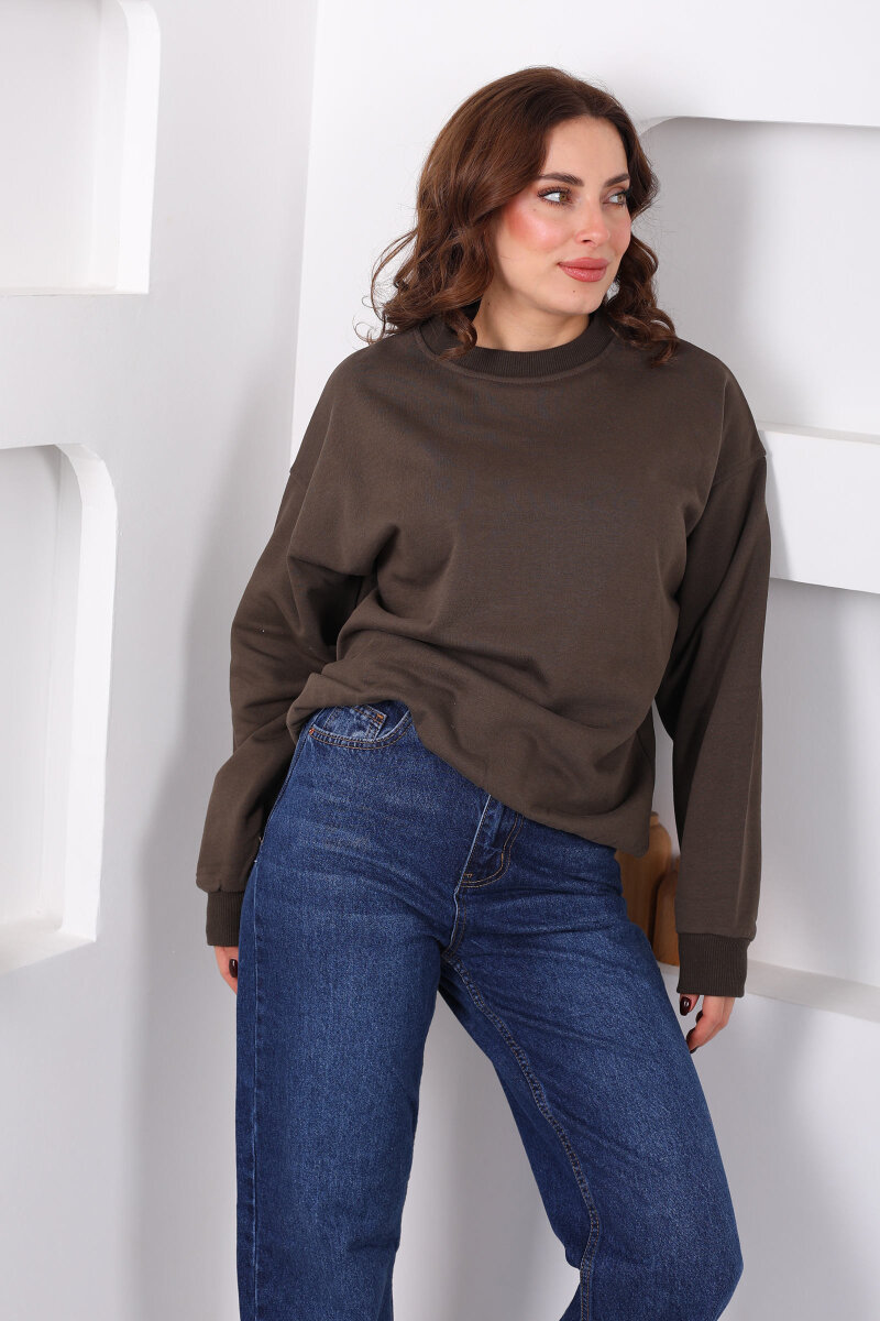 Bisiklet Yaka Üç İp Kadın Oversize Acı Kahve Sweat - 1