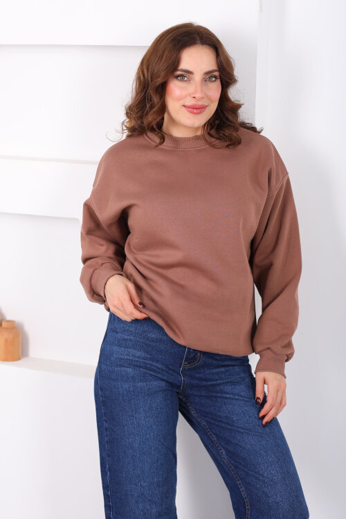 Bisiklet Yaka Üç İp Kadın Oversize Açık Kahve Sweat - Berox