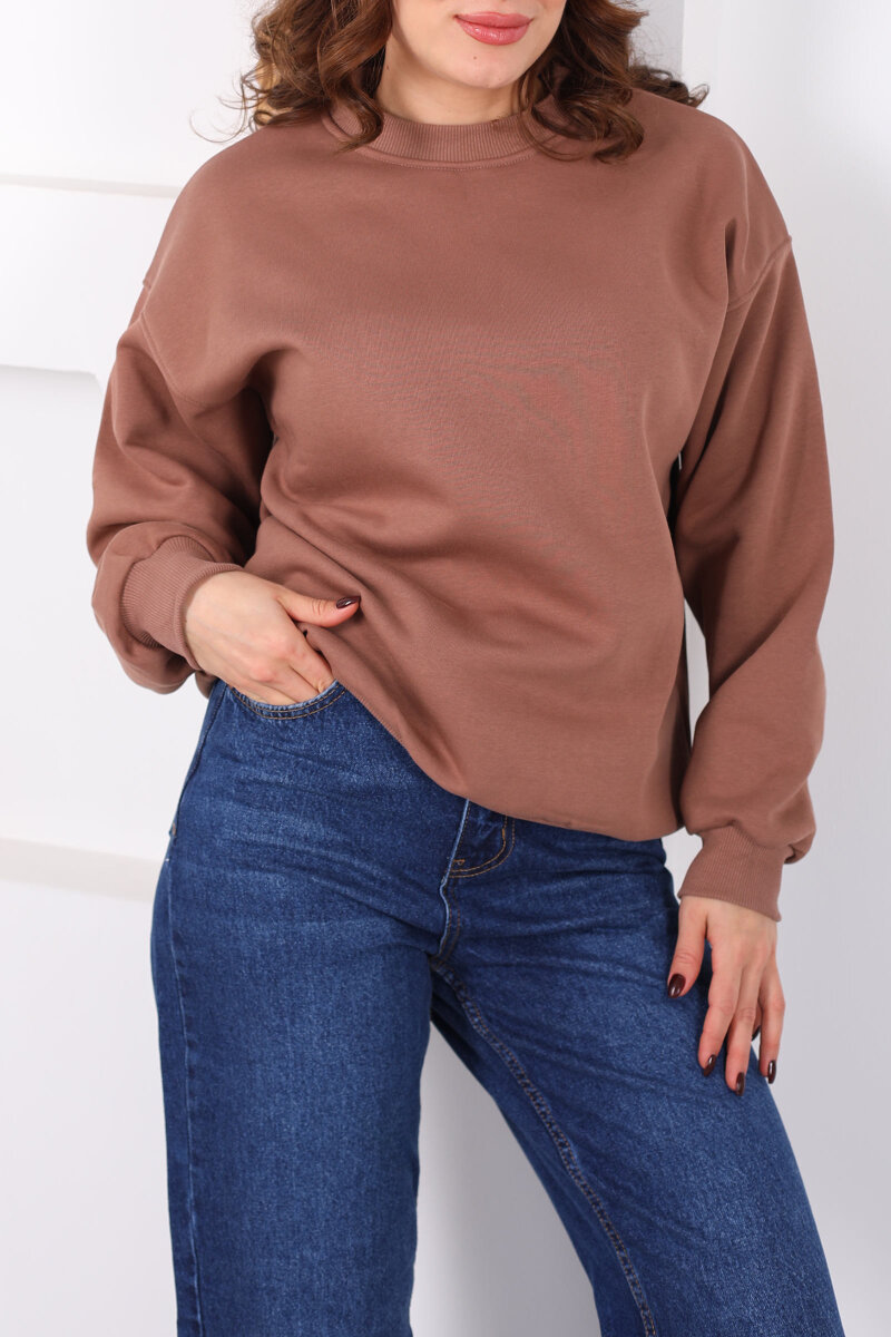 Bisiklet Yaka Üç İp Kadın Oversize Açık Kahve Sweat - 2
