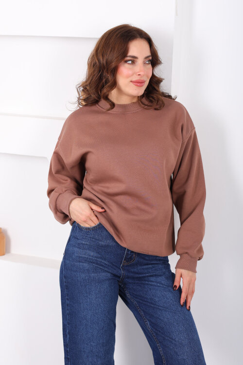 Bisiklet Yaka Üç İp Kadın Oversize Açık Kahve Sweat - 5