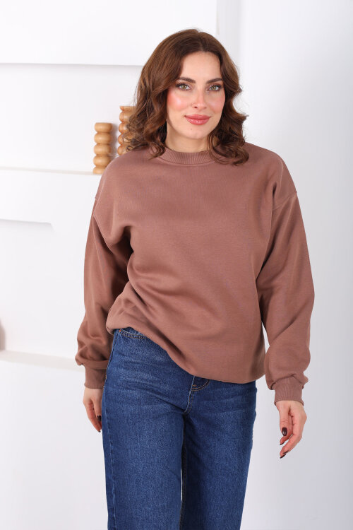 Bisiklet Yaka Üç İp Kadın Oversize Açık Kahve Sweat - 3