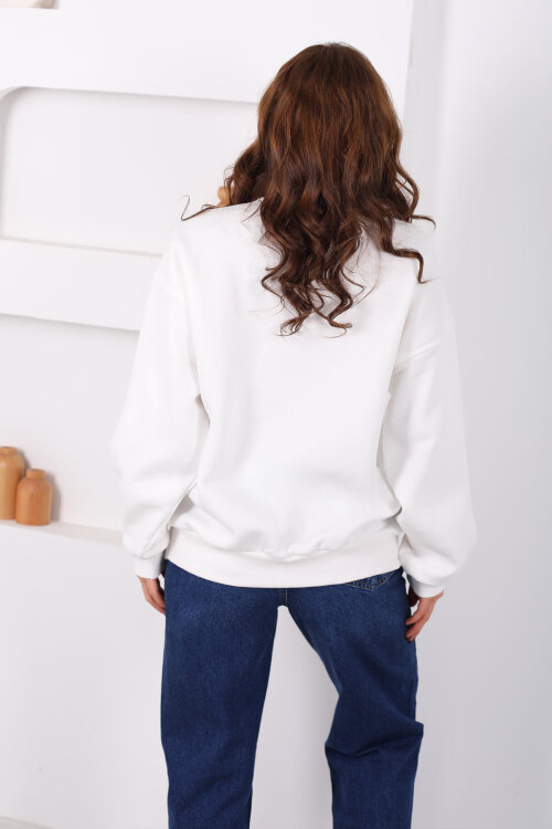 Bisiklet Yaka Üç İp Kadın Oversize Beyaz Sweat - 4