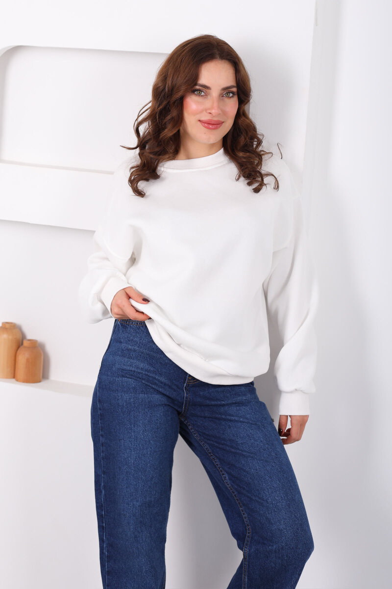 Bisiklet Yaka Üç İp Kadın Oversize Beyaz Sweat - 5