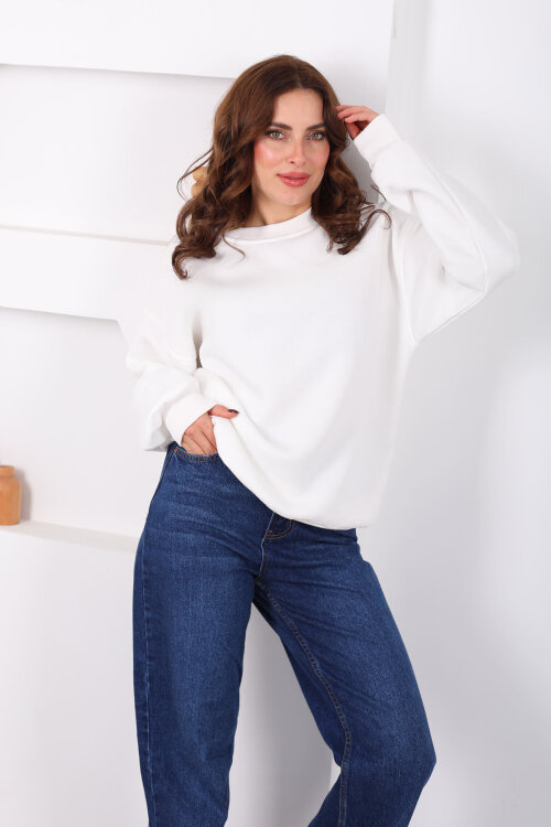 Bisiklet Yaka Üç İp Kadın Oversize Beyaz Sweat - Berox