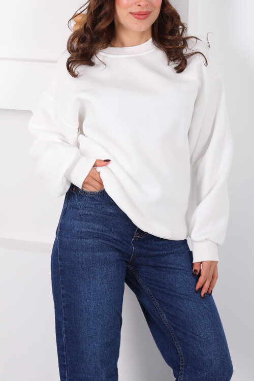 Bisiklet Yaka Üç İp Kadın Oversize Beyaz Sweat - Berox (1)