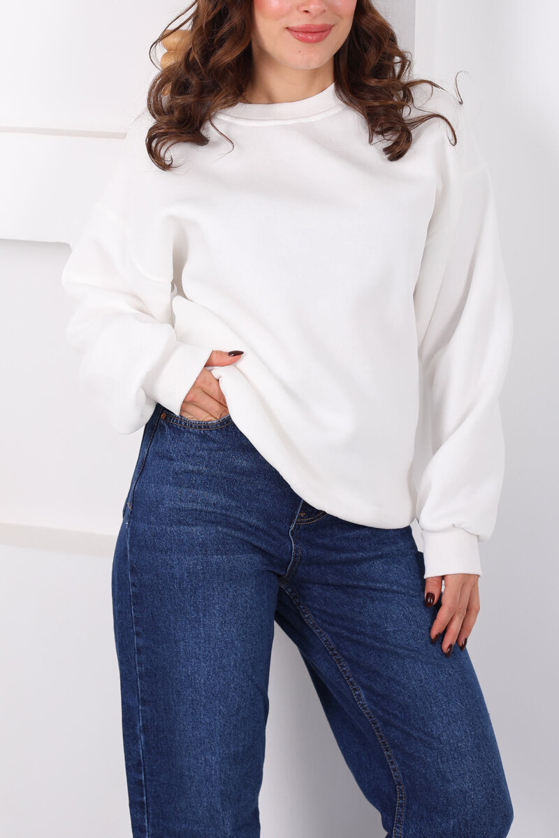 Bisiklet Yaka Üç İp Kadın Oversize Beyaz Sweat - 2