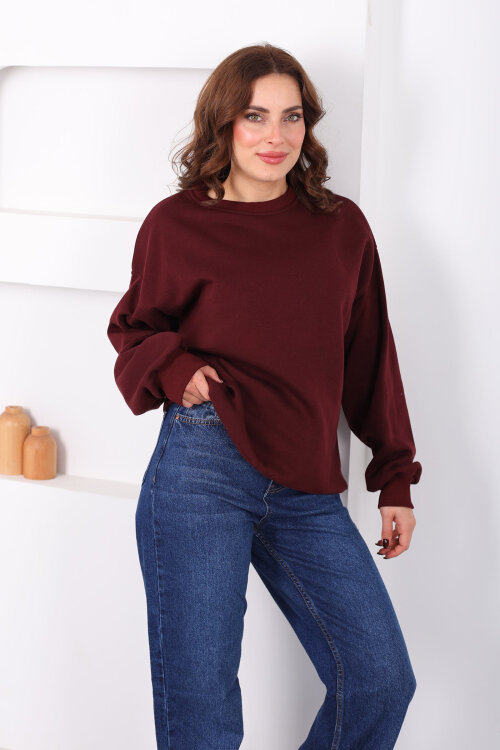 Bisiklet Yaka Üç İp Kadın Oversize Bordo Sweat - 5