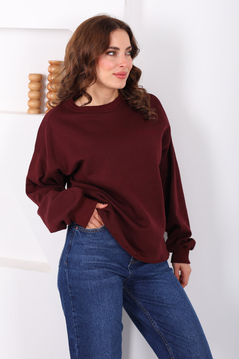 Bisiklet Yaka Üç İp Kadın Oversize Bordo Sweat - 3