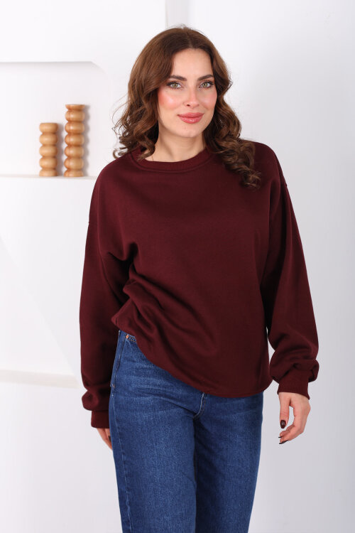 Bisiklet Yaka Üç İp Kadın Oversize Bordo Sweat - Berox