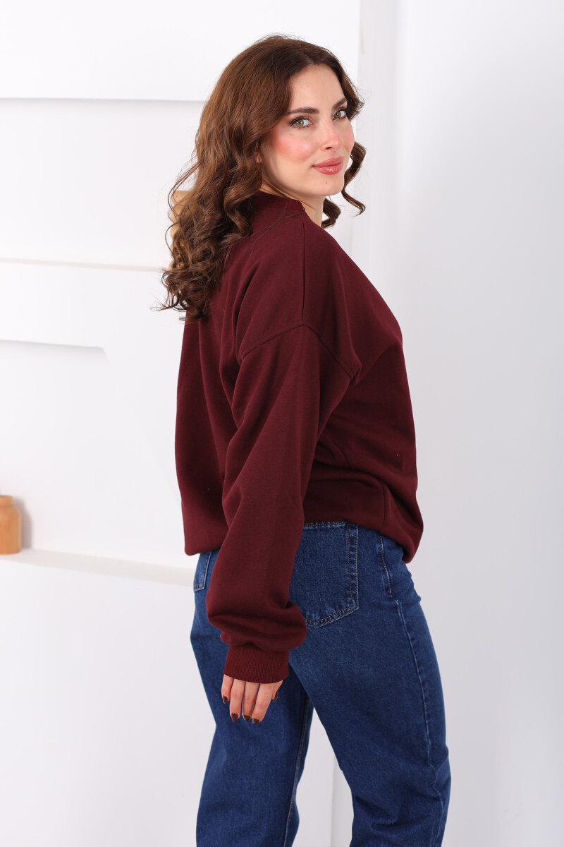 Bisiklet Yaka Üç İp Kadın Oversize Bordo Sweat - 4