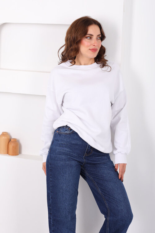 Bisiklet Yaka Üç İp Kadın Oversize Ekru Sweat - 3