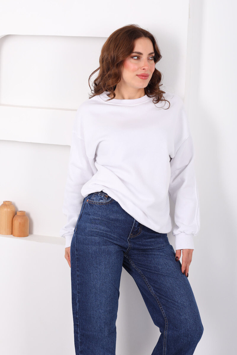 Bisiklet Yaka Üç İp Kadın Oversize Ekru Sweat - 3