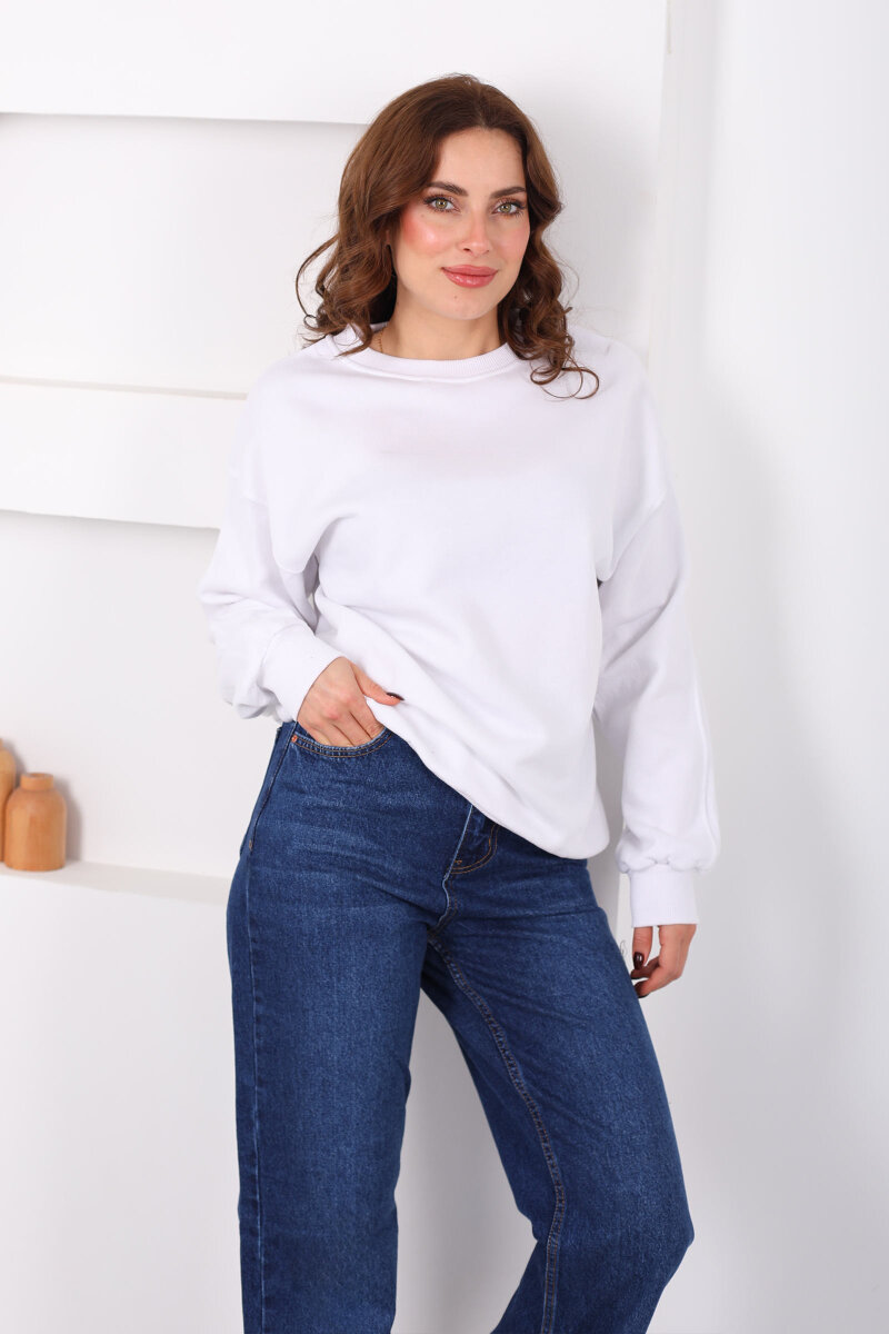 Bisiklet Yaka Üç İp Kadın Oversize Ekru Sweat - 1