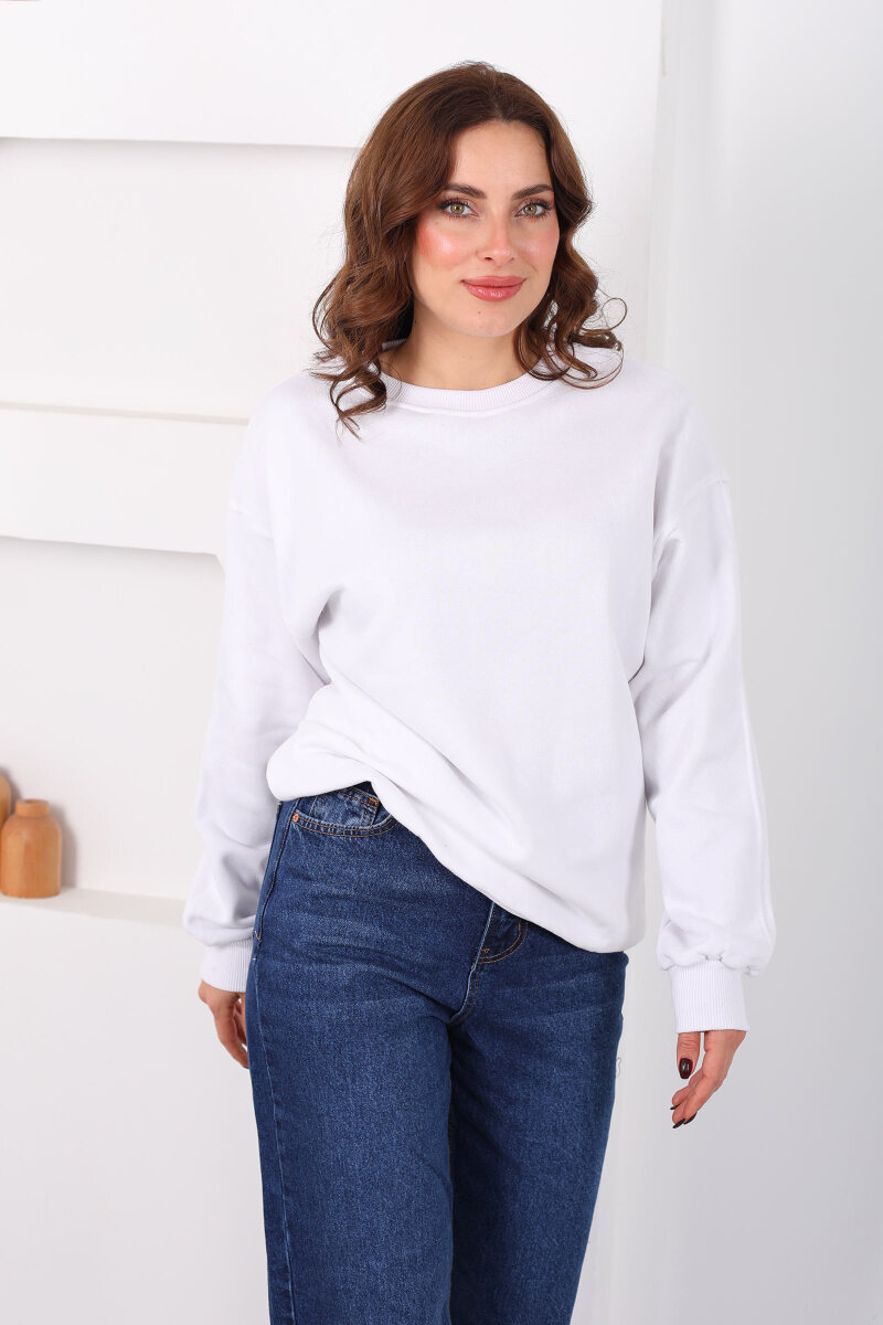 Bisiklet Yaka Üç İp Kadın Oversize Ekru Sweat - 5