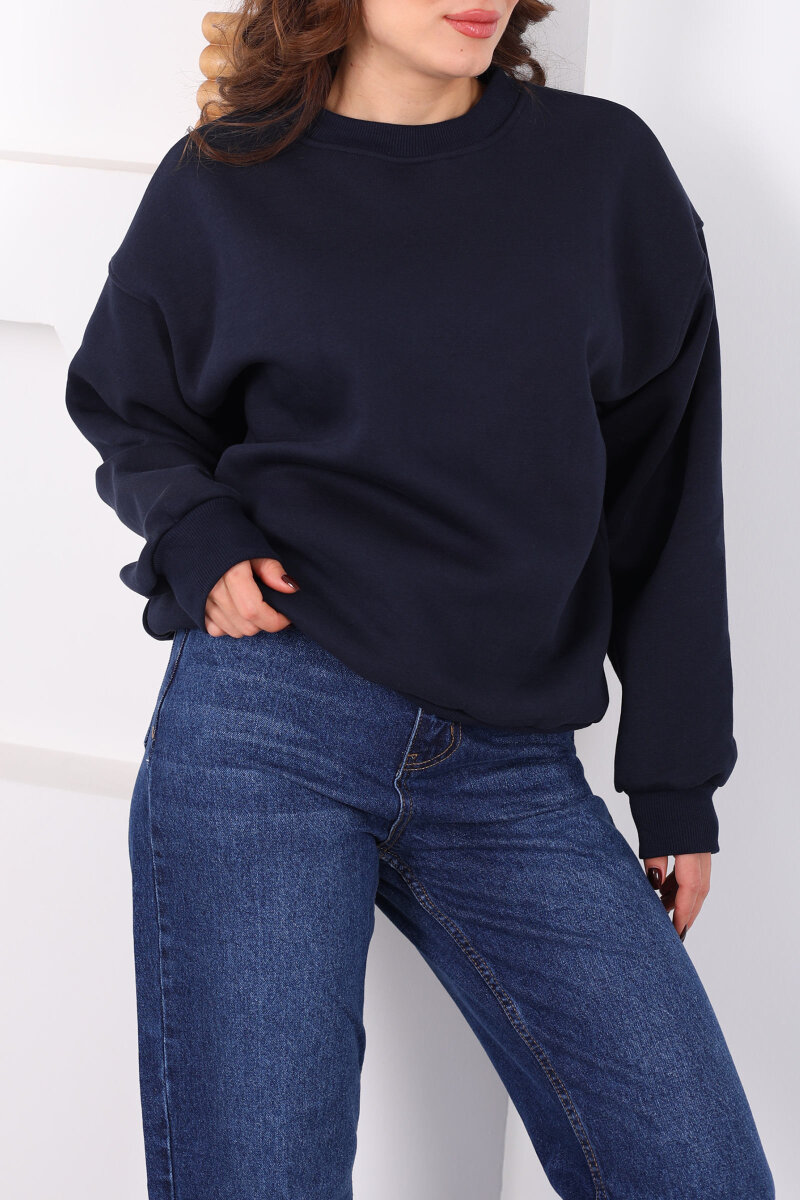 Bisiklet Yaka Üç İp Kadın Oversize Lacivert Sweat - 2